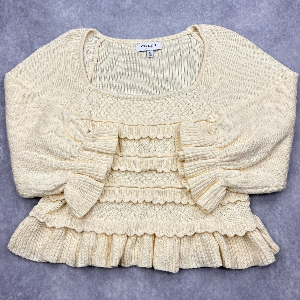 Gilli Sweater Womens Large Cream Cotton Knit Cable Scallop Ruffle Peplum Top L